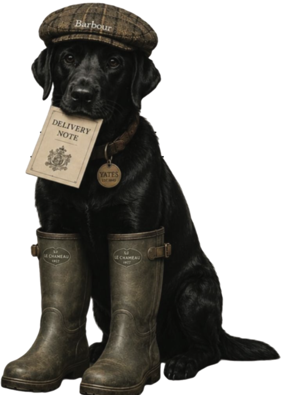 Black Labrador in a Barbour cap and wellington boots holding a delivery note