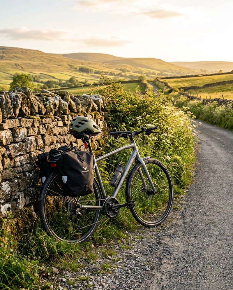 Bicycle resting against a drystone wall on a country lane