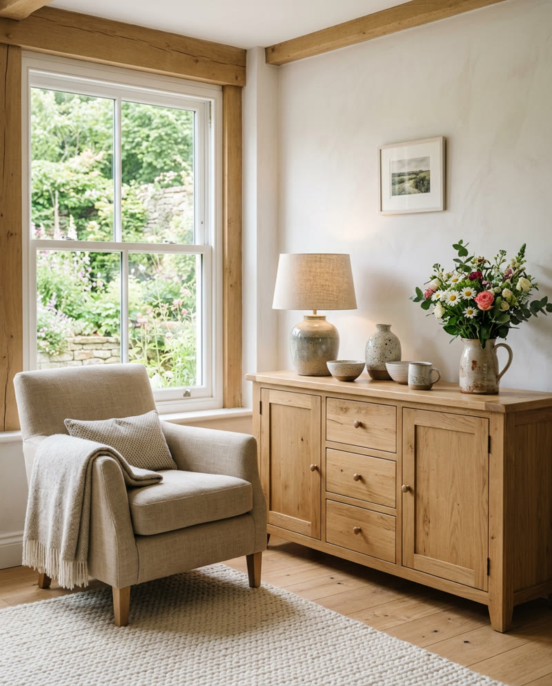 Oak sideboard styled in a country living room